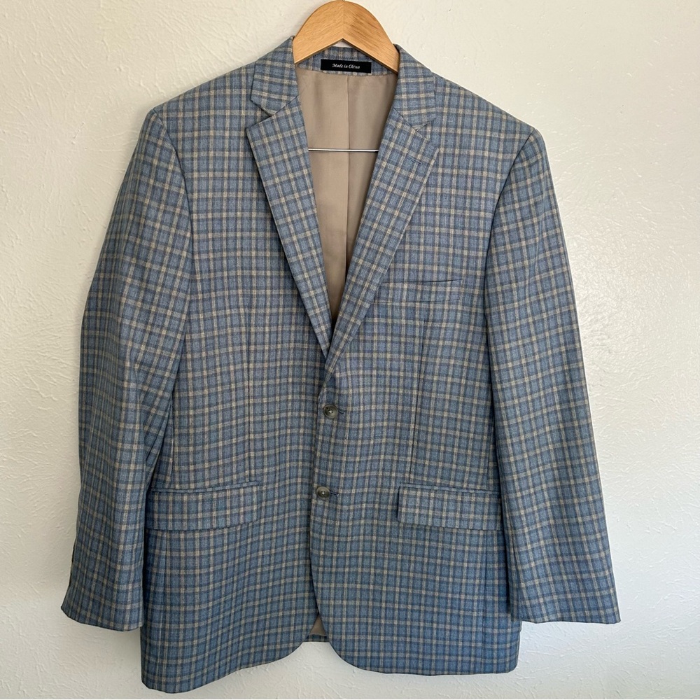 Alan Flusser Modern Fit Blue and Beige Plaid Sport Blazer Suit Jacket 40R